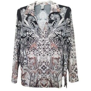 Cache Paisley Henley Neck Long Sleeve Tunic w/Side Vents Size XL Boho 90s Y2K